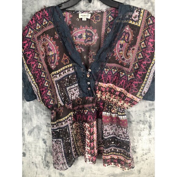 One World Woman's Shirt V-neck Blouse Elastic Waist Short Sleeve Adult Large - Picture 4 of 16